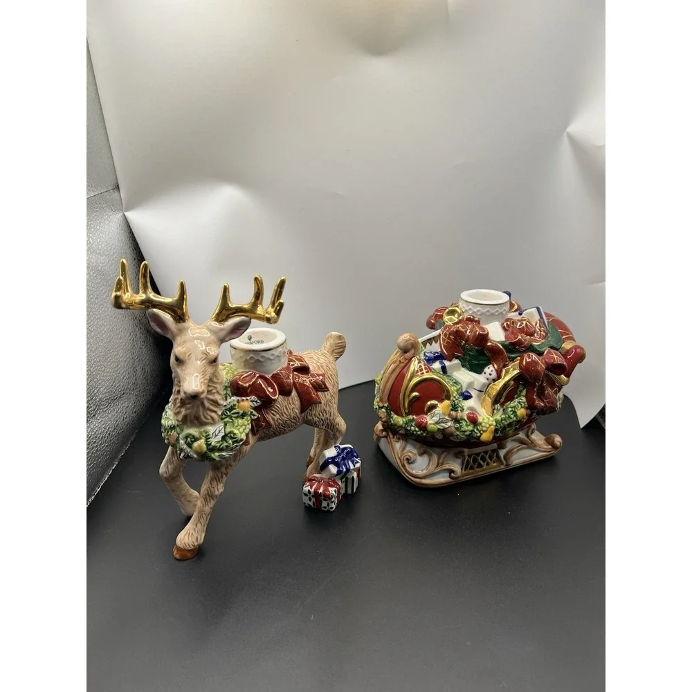 Waterford Holiday Heirlooms Reindeer & Santa Sleigh Candle Holder Set Box
